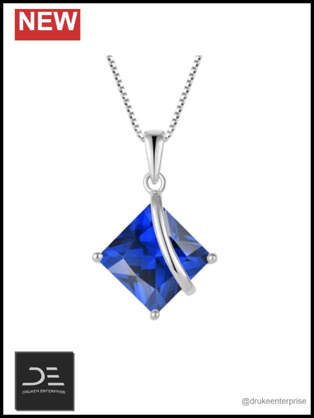 Created Sapphire Birthstone Necklace 925 Sterling Silver Princess Cut Pendant